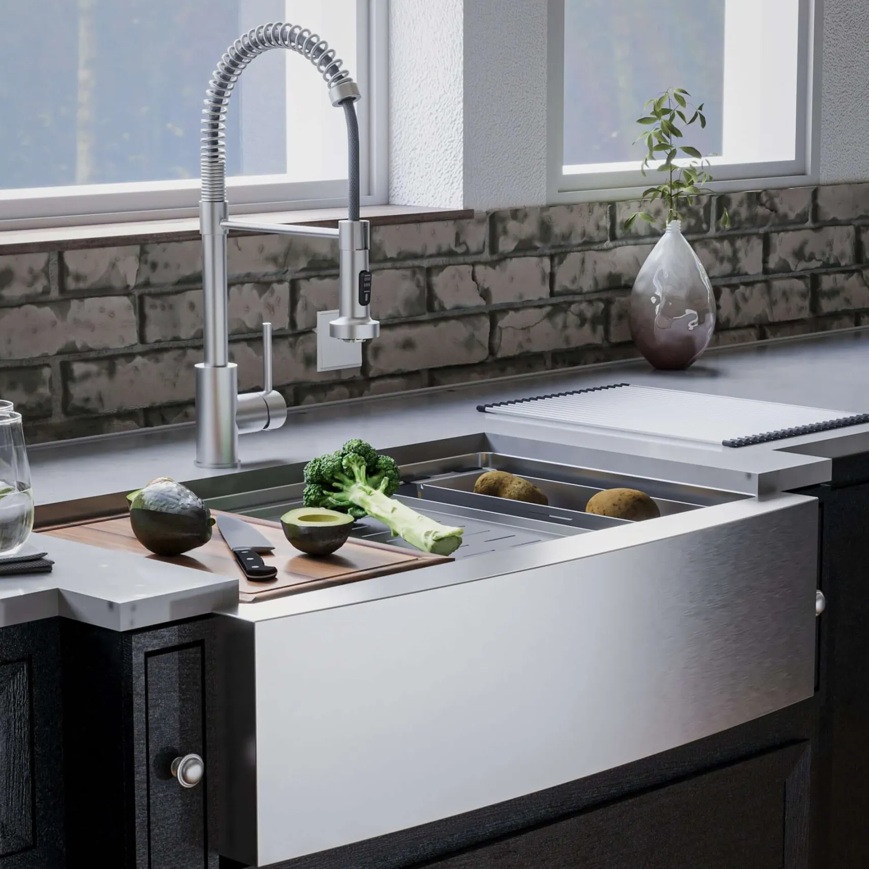 Karran Elite Workstation 33" Stainless Steel ADA Workstation Farmhouse Sink with Faucet and Accessories, 16 Gauge, WSA-45-PK2