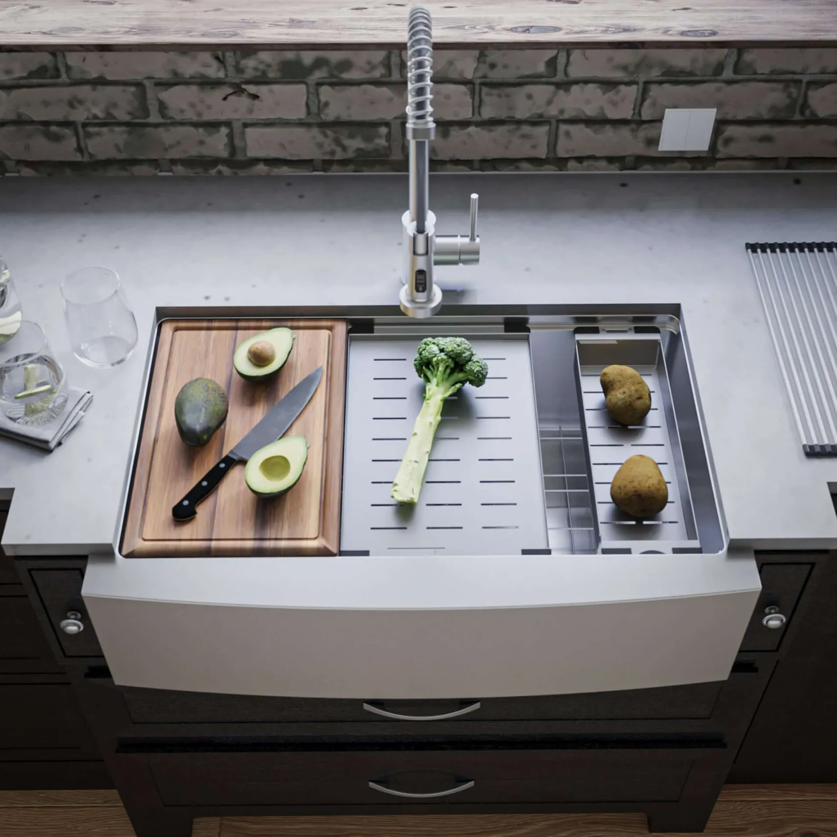 Karran Elite Workstation 33" Stainless Steel ADA Workstation Farmhouse Sink with Faucet and Accessories, 16 Gauge, WSA-45-PK2