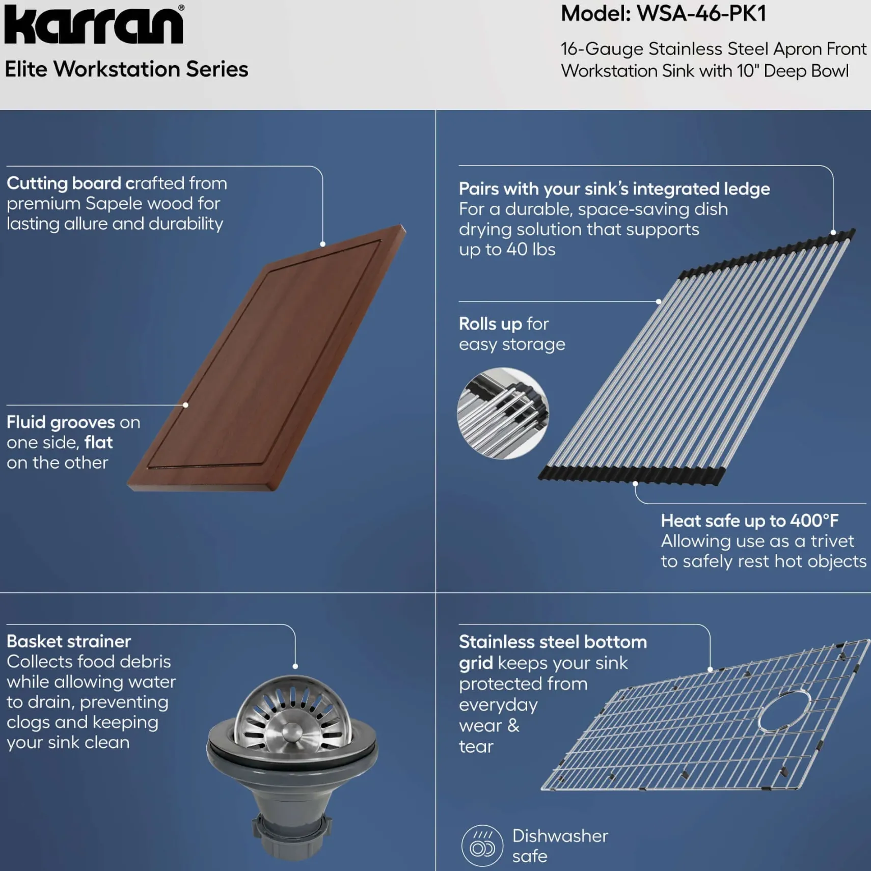 Karran Elite Workstation 36" Stainless Steel Workstation Farmhouse Sink with Accessories, 16 Gauge, WSA-46-PK1