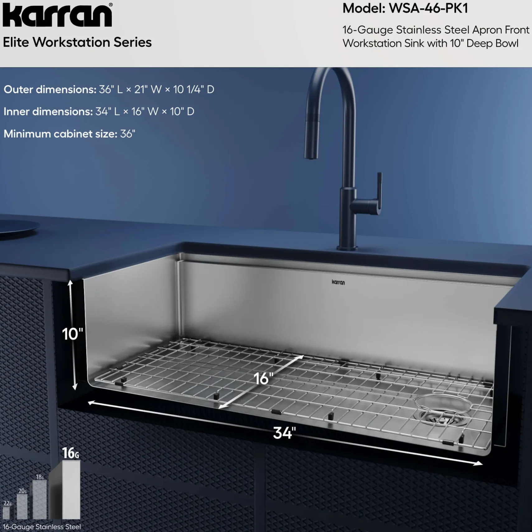 Karran Elite Workstation 36" Stainless Steel Workstation Farmhouse Sink with Accessories, 16 Gauge, WSA-46-PK1