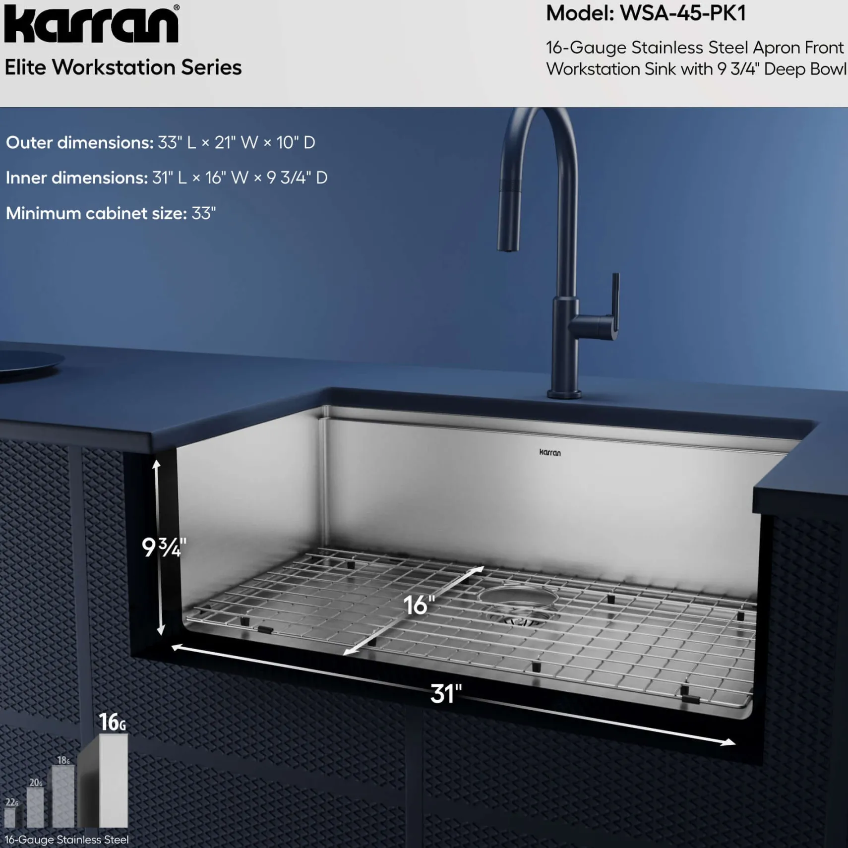 Karran Elite Workstation 33" Stainless Steel Workstation Farmhouse Sink with Accessories, 16 Gauge, WSA-45-PK1