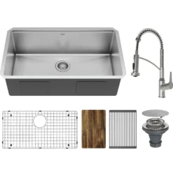 Karran Elite Workstation 32" Undermount Stainless Steel Kitchen Sink with Faucet and Accessories, Satin Brushed, 16 Gauge, WS-37-PK4