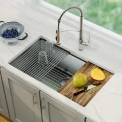 Karran Elite Workstation 32" Undermount Stainless Steel Kitchen Sink with Faucet and Accessories, Satin Brushed, 16 Gauge, WS-37-PK4