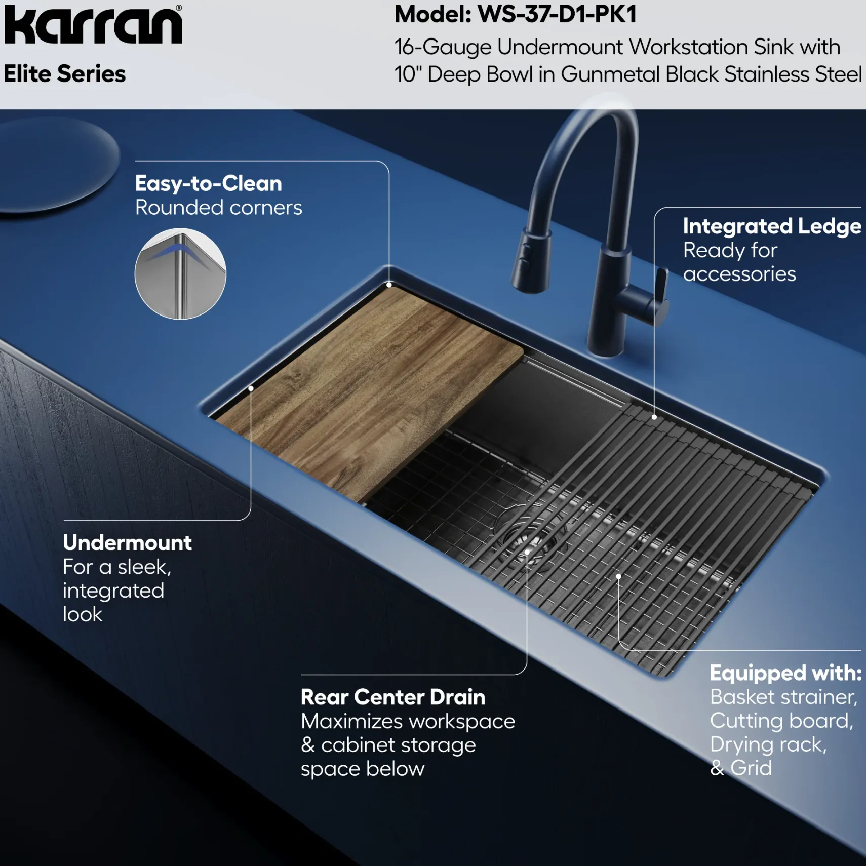 Karran Elite Workstation 32" Undermount Stainless Steel Kitchen Sink, Gunmetal Black, WS-37-D1-PK1