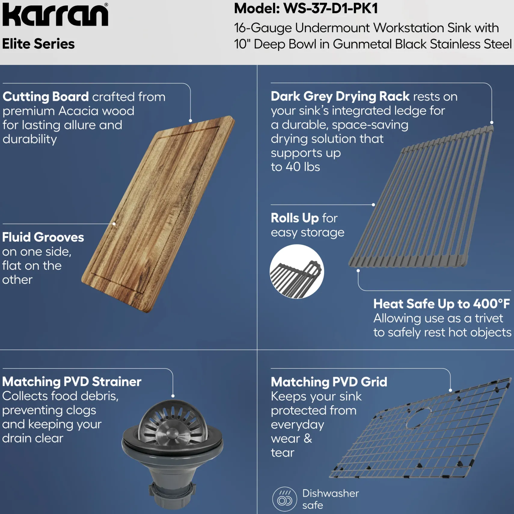 Karran Elite Workstation 32" Undermount Stainless Steel Kitchen Sink, Gunmetal Black, WS-37-D1-PK1