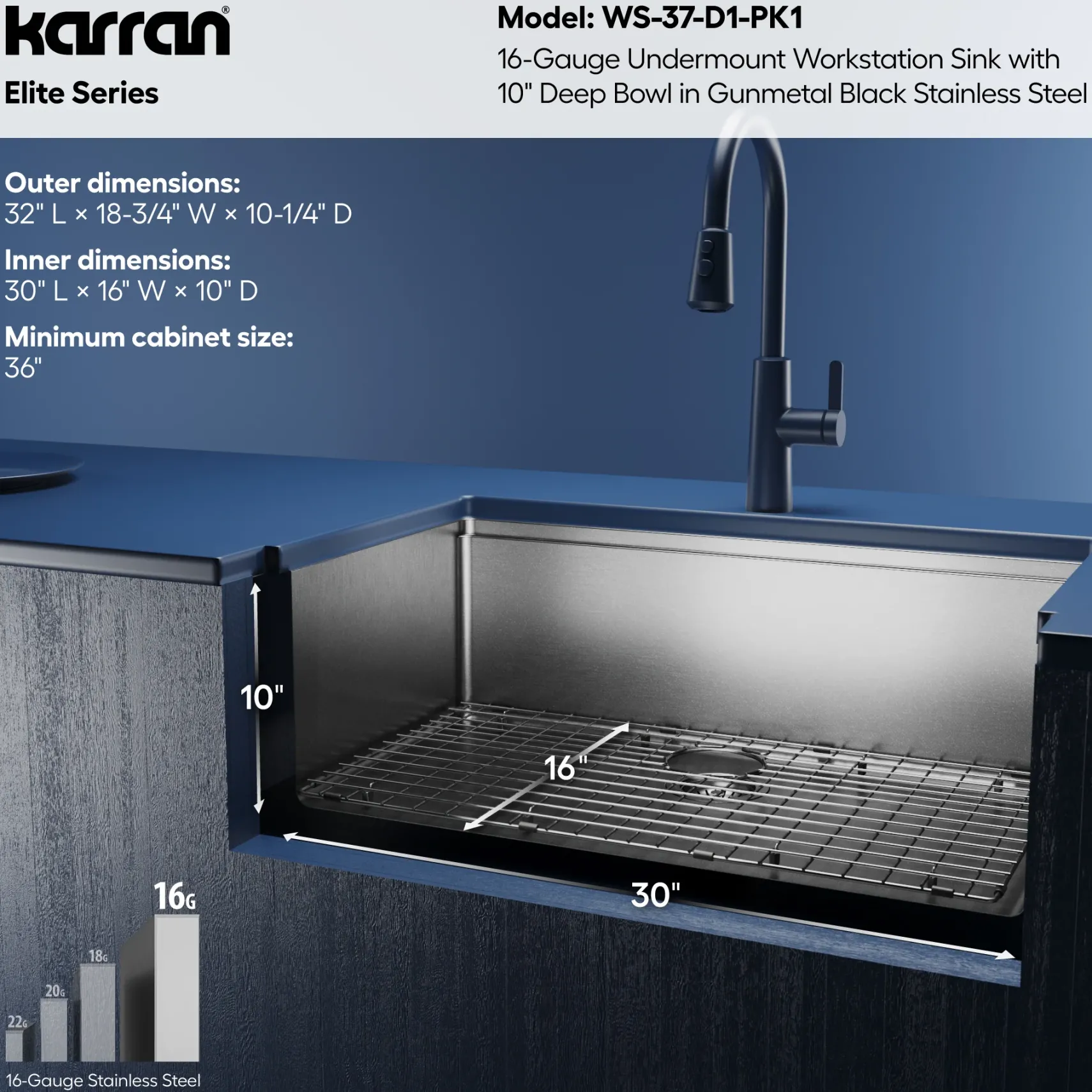 Karran Elite Workstation 32" Undermount Stainless Steel Kitchen Sink, Gunmetal Black, WS-37-D1-PK1