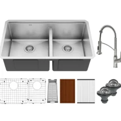 Karran Elite Workstation 32" Undermount Stainless Steel Kitchen Sink with Faucet, 60/40 Double Bowl, WS-40-PK3