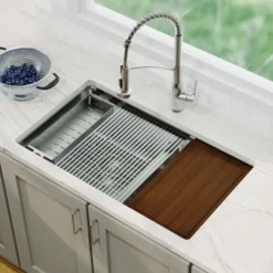 Karran Elite Workstation 32" Undermount Stainless Steel Kitchen Sink with Faucet, 60/40 Double Bowl, WS-40-PK3