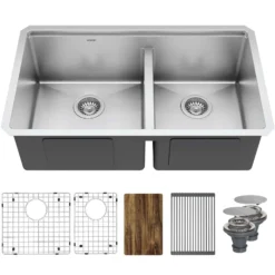 Karran Elite Workstation 32" Undermount Stainless Steel Kitchen Sink with Accessories, 60/40 Double Bowl, Satin Brushed, 16 Gauge, WS-40-PK5