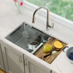 Karran Elite Workstation 32" Undermount Stainless Steel Kitchen Sink with Accessories, 60/40 Double Bowl, Satin Brushed, 16 Gauge, WS-40-PK5