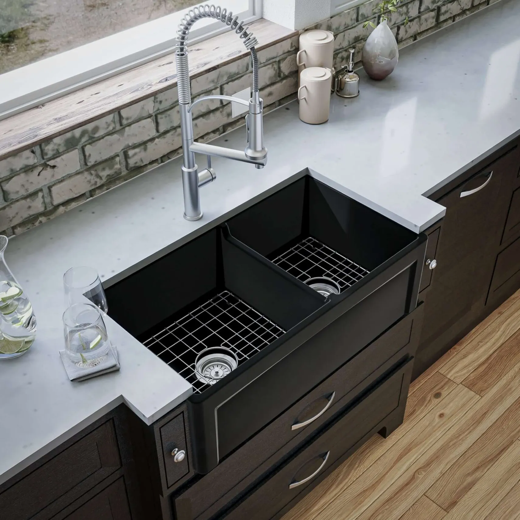 Karran Fireclay 33" Fireclay Farmhouse Sink with Accessories, 60/40 Double Bowl, Matte Black, FCP33DBMB