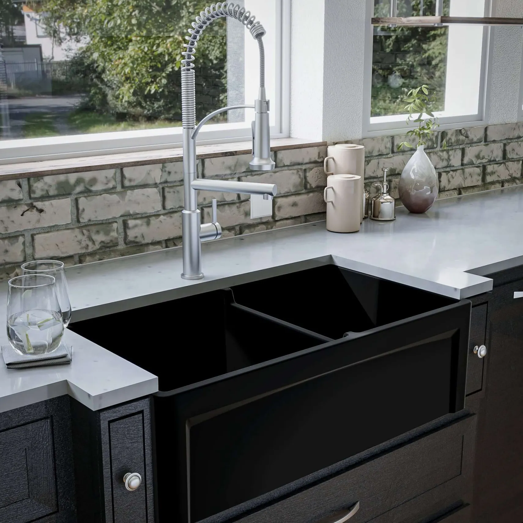 Karran Fireclay 33" Fireclay Farmhouse Sink with Accessories, 60/40 Double Bowl, Matte Black, FCP33DBMB