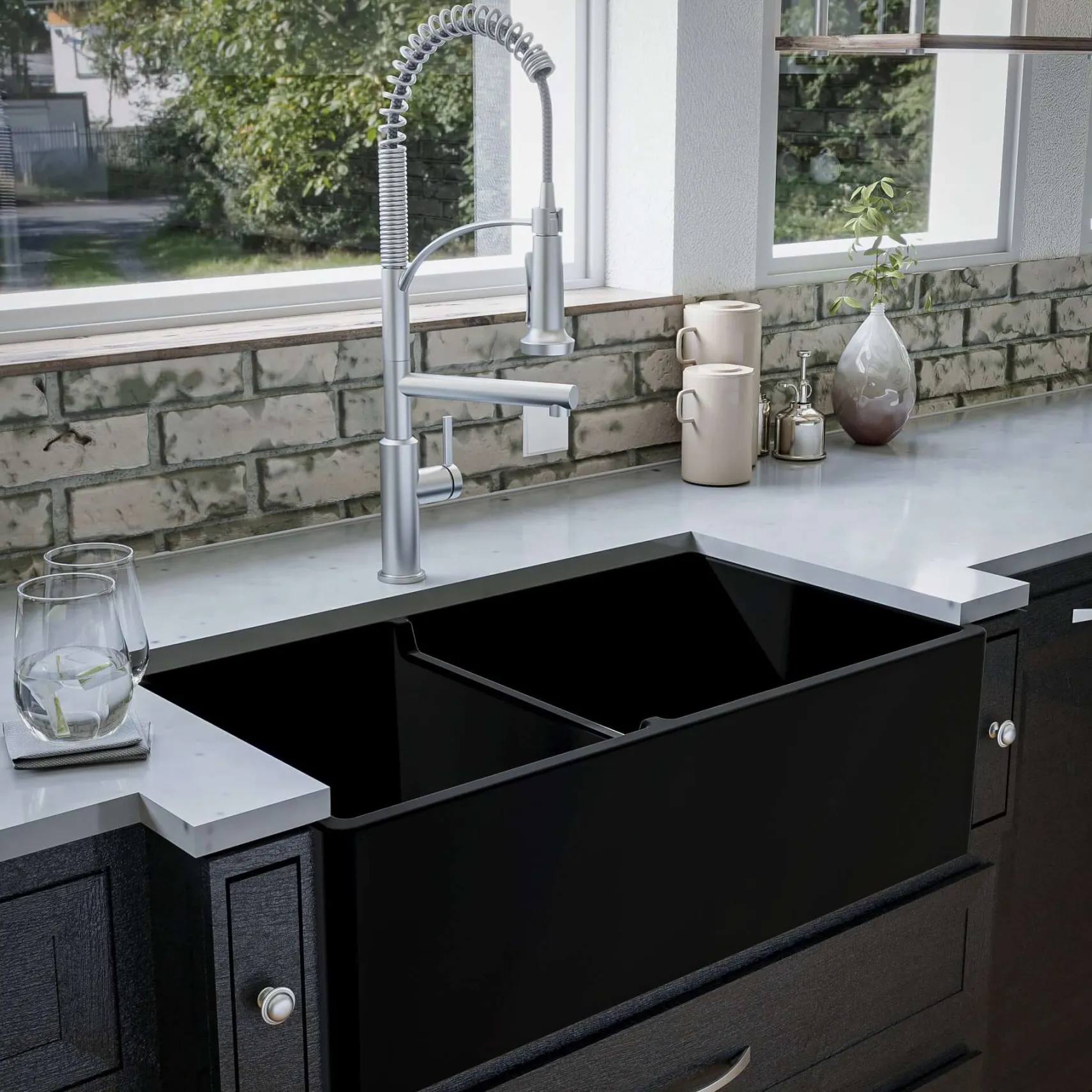 Karran Fireclay 33" Fireclay Farmhouse Sink with Accessories, 60/40 Double Bowl, Matte Black, FCP33DBMB