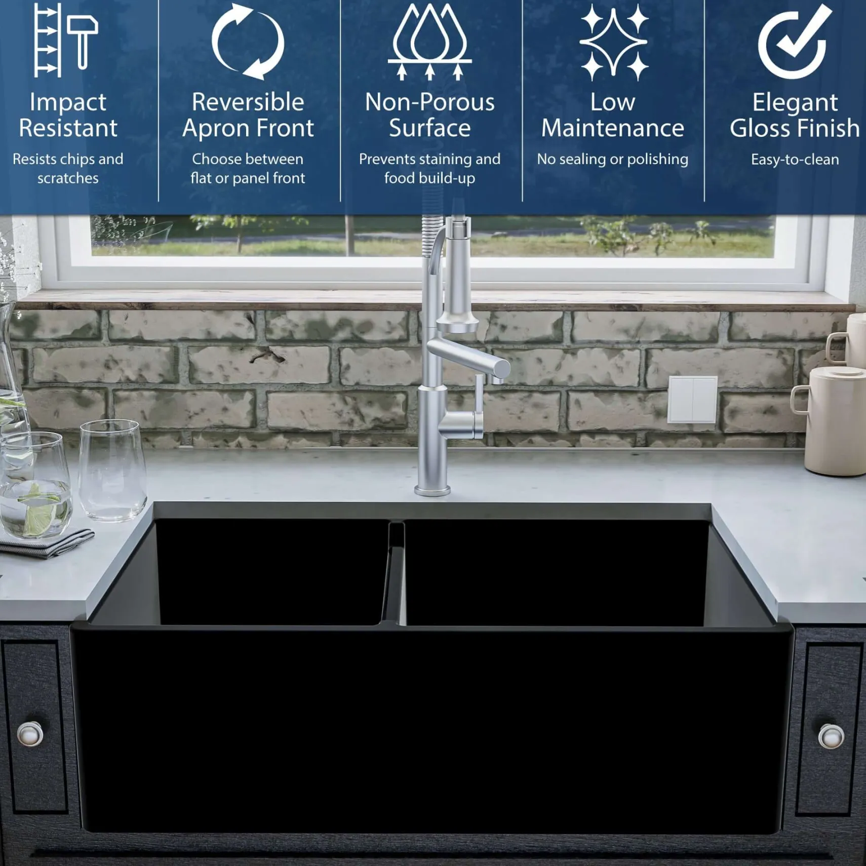 Karran Fireclay 33" Fireclay Farmhouse Sink with Accessories, 60/40 Double Bowl, Matte Black, FCP33DBMB