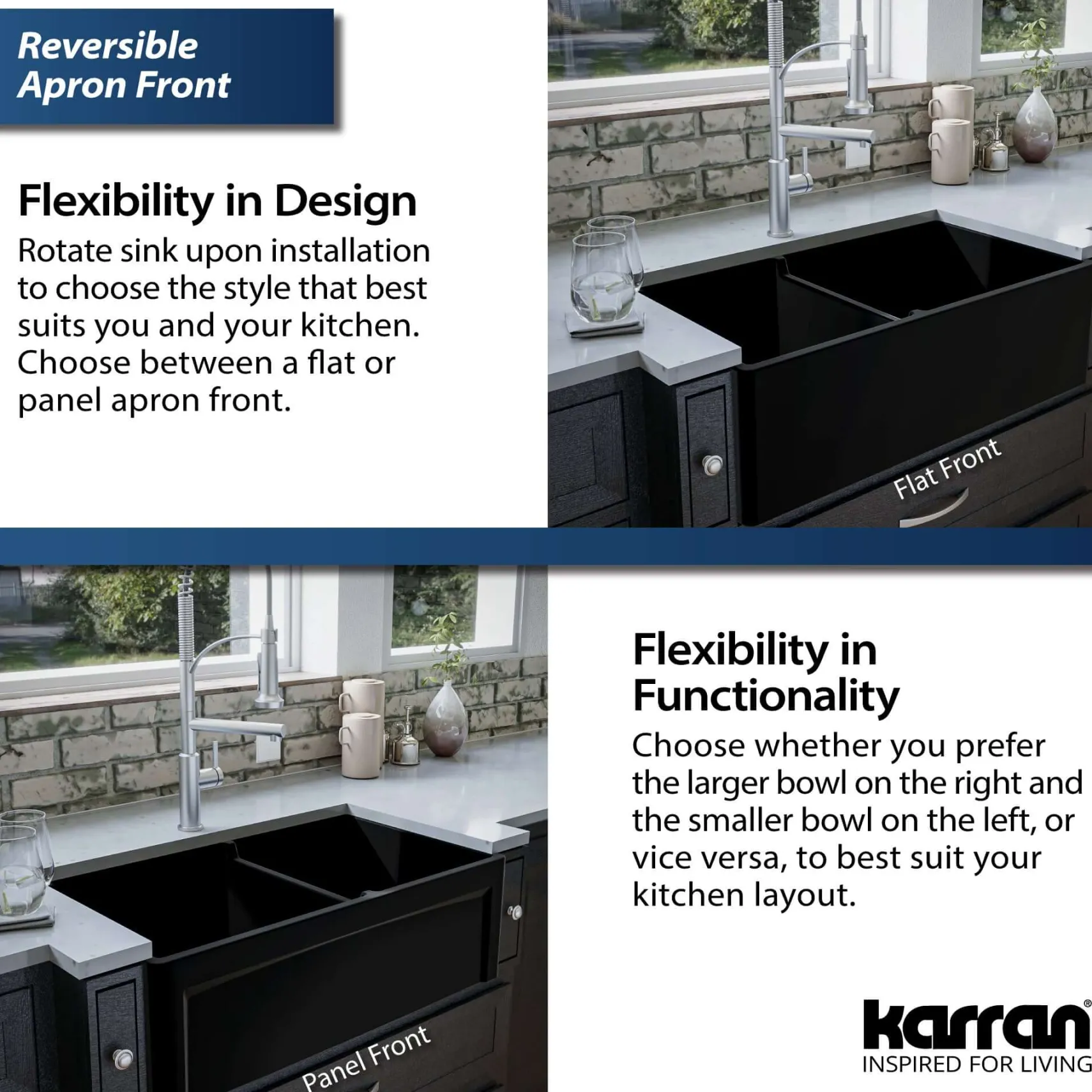 Karran Fireclay 33" Fireclay Farmhouse Sink with Accessories, 60/40 Double Bowl, Matte Black, FCP33DBMB