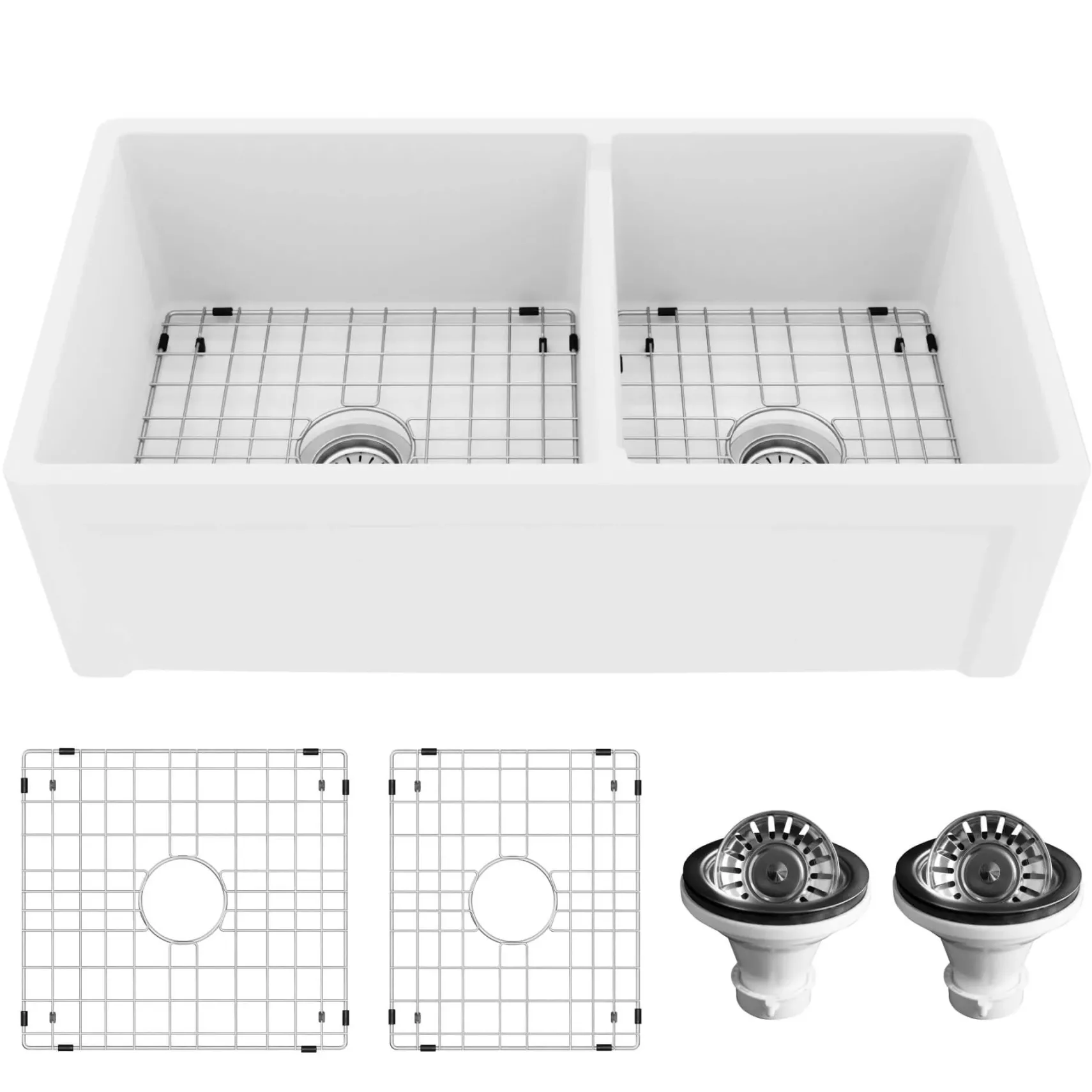 Karran Fireclay 33" Fireclay Farmhouse Sink with Accessories, 60/40 Double Bowl, White, FCP33DBWH