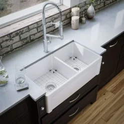 Karran Fireclay 33" Fireclay Farmhouse Sink with Accessories, 60/40 Double Bowl, White, FCP33DBWH