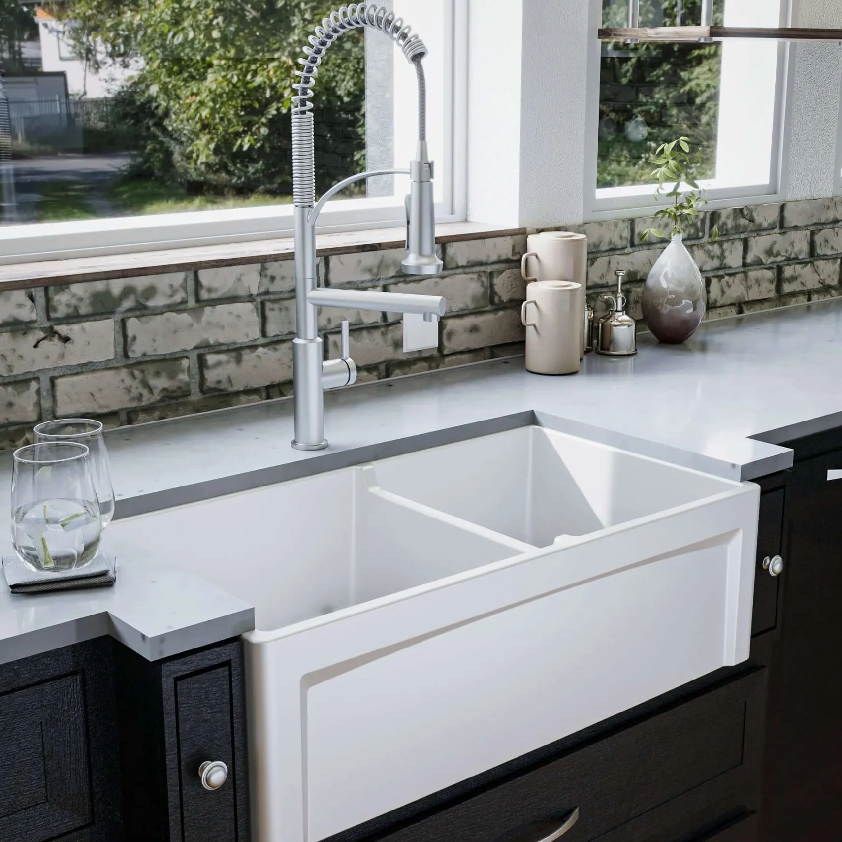 Karran Fireclay 33" Fireclay Farmhouse Sink with Accessories, 60/40 Double Bowl, White, FCP33DBWH