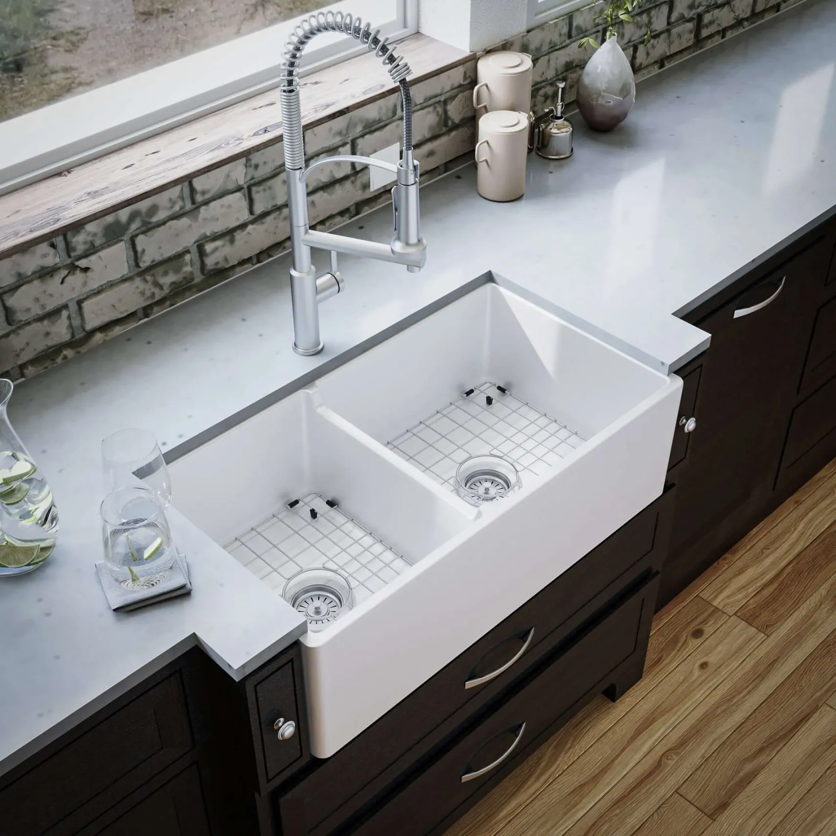 Karran Fireclay 33" Fireclay Farmhouse Sink with Accessories, 60/40 Double Bowl, White, FCP33DBWH