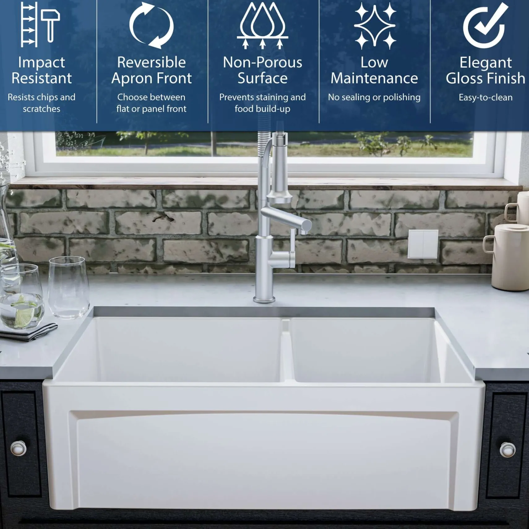 Karran Fireclay 33" Fireclay Farmhouse Sink with Accessories, 60/40 Double Bowl, White, FCP33DBWH