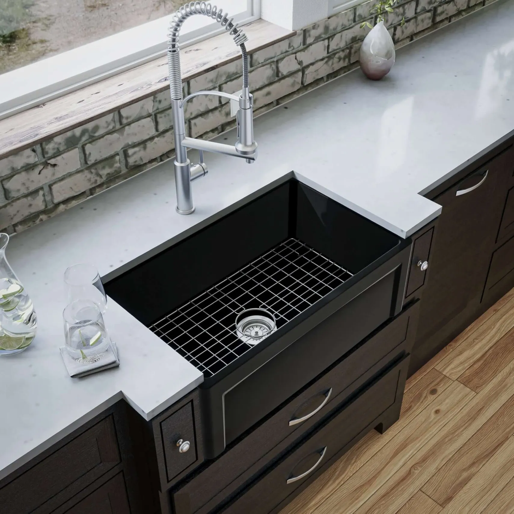Karran Fireclay 30" Fireclay Farmhouse Sink with Accessories, Matte Black, FCP30SBMB