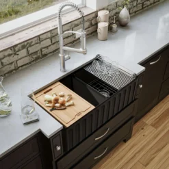 Karran Fireclay 33" Fireclay Workstation Farmhouse Sink with Accessories, 60/40 Double Bowl, Matte Black, FCWSF33DBMB-PK1