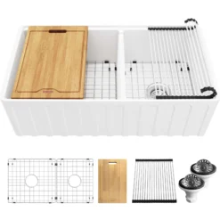 Karran Fireclay 33" Fireclay Workstation Farmhouse Sink with Accessories, 60/40 Double Bowl, White, FCWSF33DBWH-PK1