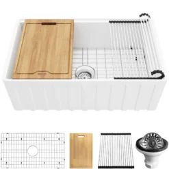 Karran Fireclay 30" Fireclay Workstation Farmhouse Sink with Accessories, White, FCWSF30SBWH-PK1