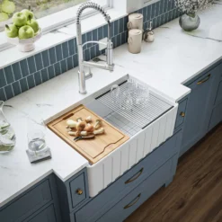 Karran Fireclay 30" Fireclay Workstation Farmhouse Sink with Accessories, White, FCWSF30SBWH-PK1