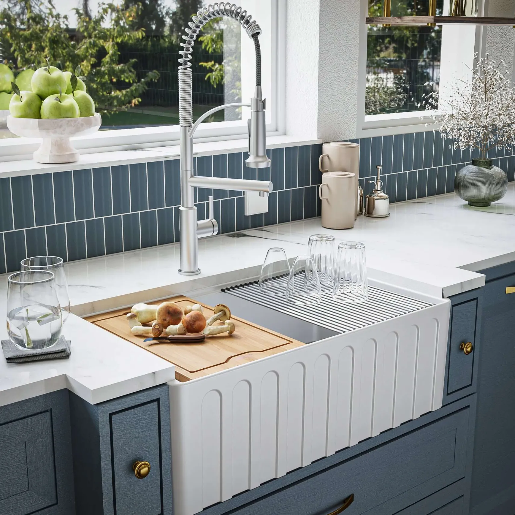 Karran Fireclay 30" Fireclay Workstation Farmhouse Sink with Accessories, White, FCWSF30SBWH-PK1