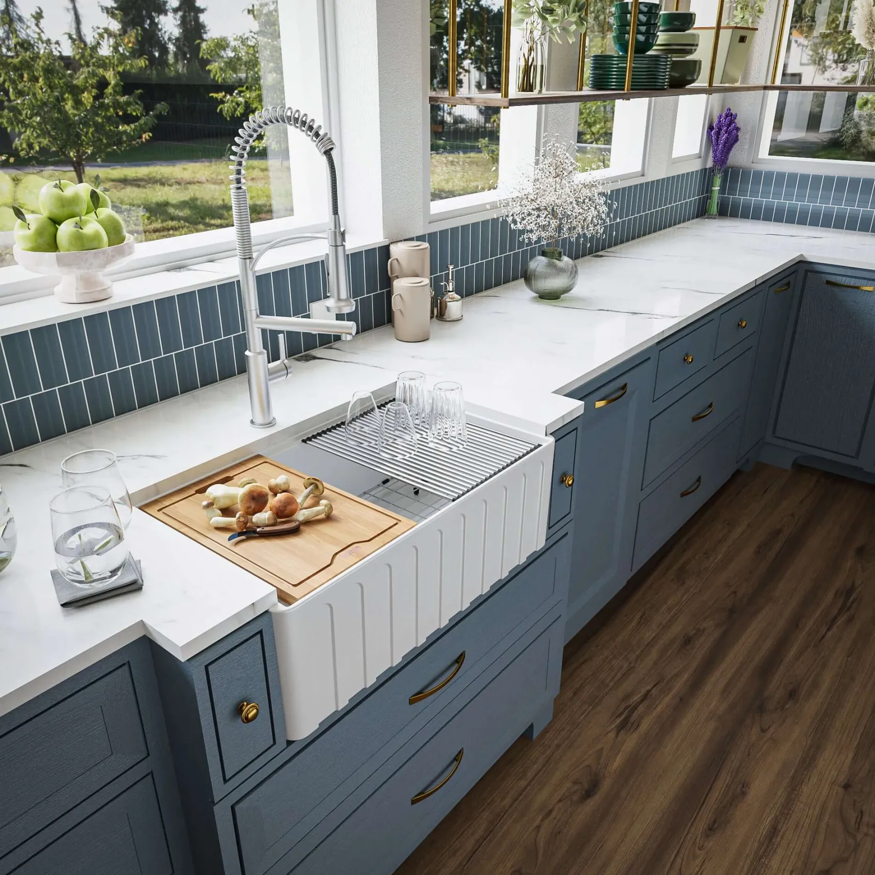 Karran Fireclay 30" Fireclay Workstation Farmhouse Sink with Accessories, White, FCWSF30SBWH-PK1
