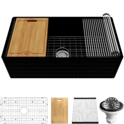 Karran Fireclay 33" Fireclay Workstation Farmhouse Sink with Accessories, Matte Black, FCWSD33SBMB-PK1