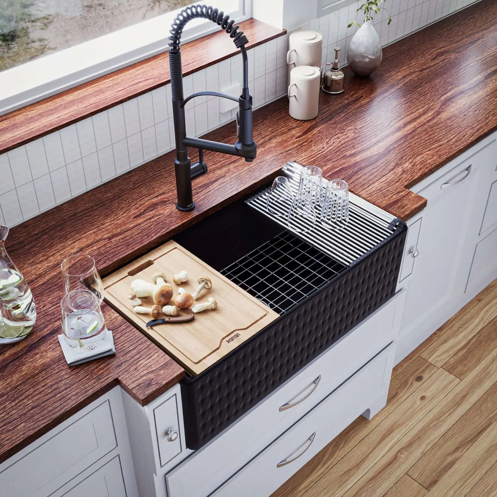 Karran Fireclay 33" Fireclay Workstation Farmhouse Sink with Accessories, Matte Black, FCWSD33SBMB-PK1