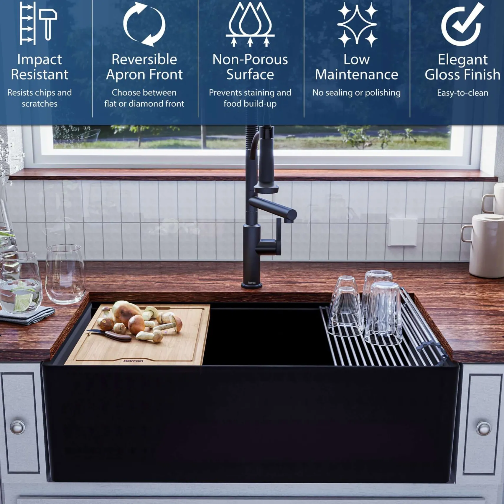 Karran Fireclay 33" Fireclay Workstation Farmhouse Sink with Accessories, Matte Black, FCWSD33SBMB-PK1