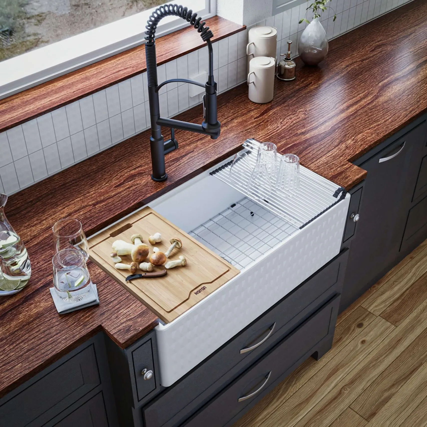 Karran Fireclay 33" Fireclay Workstation Farmhouse Sink with Accessories, White, FCWSD33SBWH-PK1