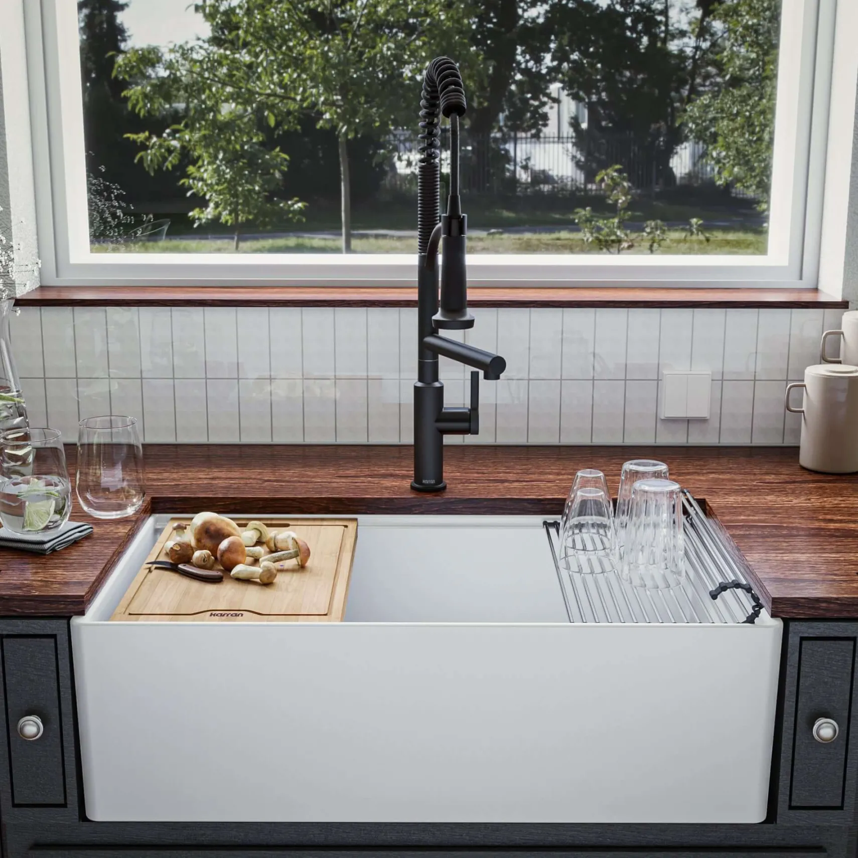 Karran Fireclay 33" Fireclay Workstation Farmhouse Sink with Accessories, White, FCWSD33SBWH-PK1