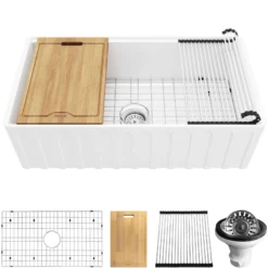 Karran Fireclay 33" Fireclay Workstation Farmhouse Sink with Accessories, White, FCWSF33SBWH-PK1
