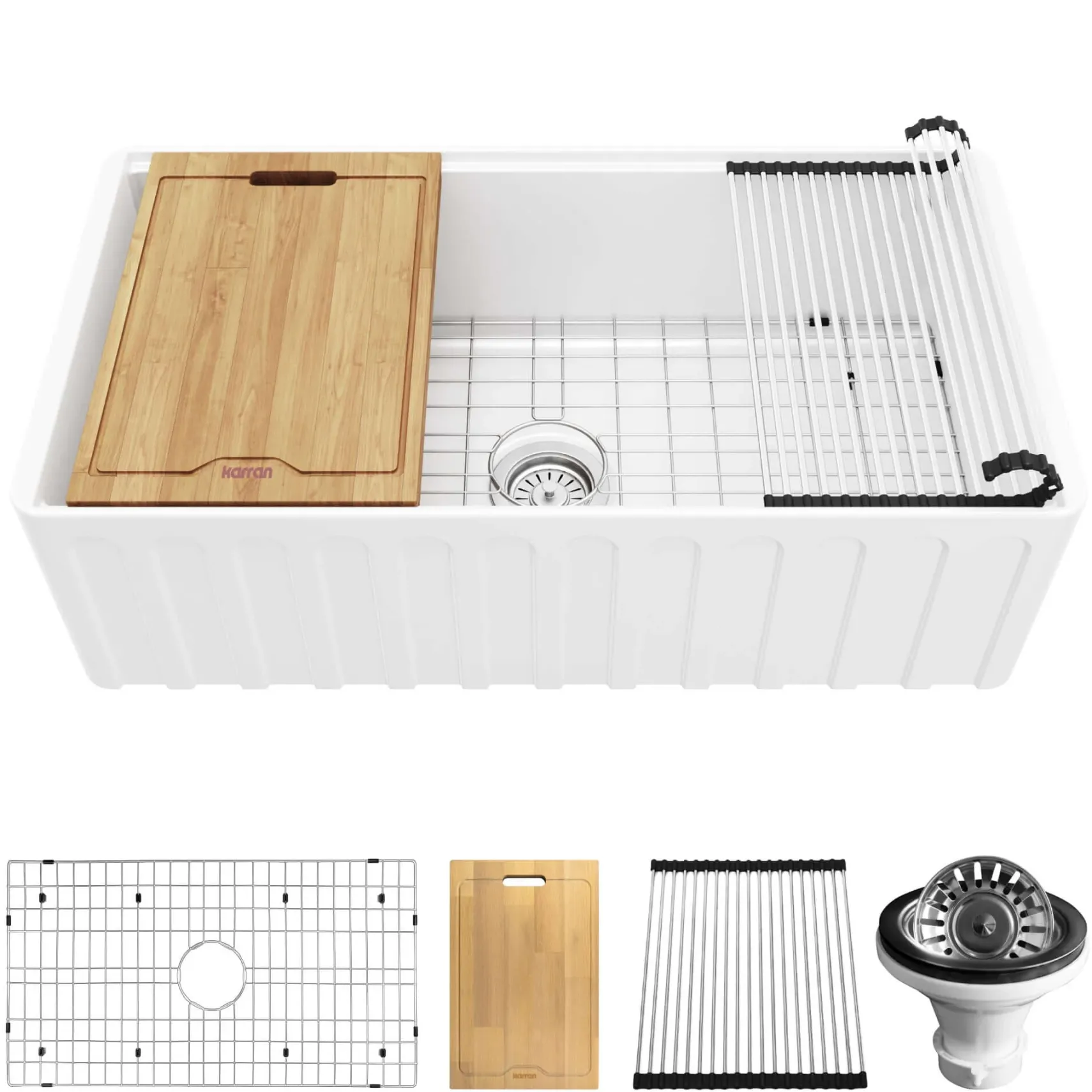 Karran Fireclay 33" Fireclay Workstation Farmhouse Sink with Accessories, White, FCWSF33SBWH-PK1