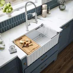 Karran Fireclay 33" Fireclay Workstation Farmhouse Sink with Accessories, White, FCWSF33SBWH-PK1