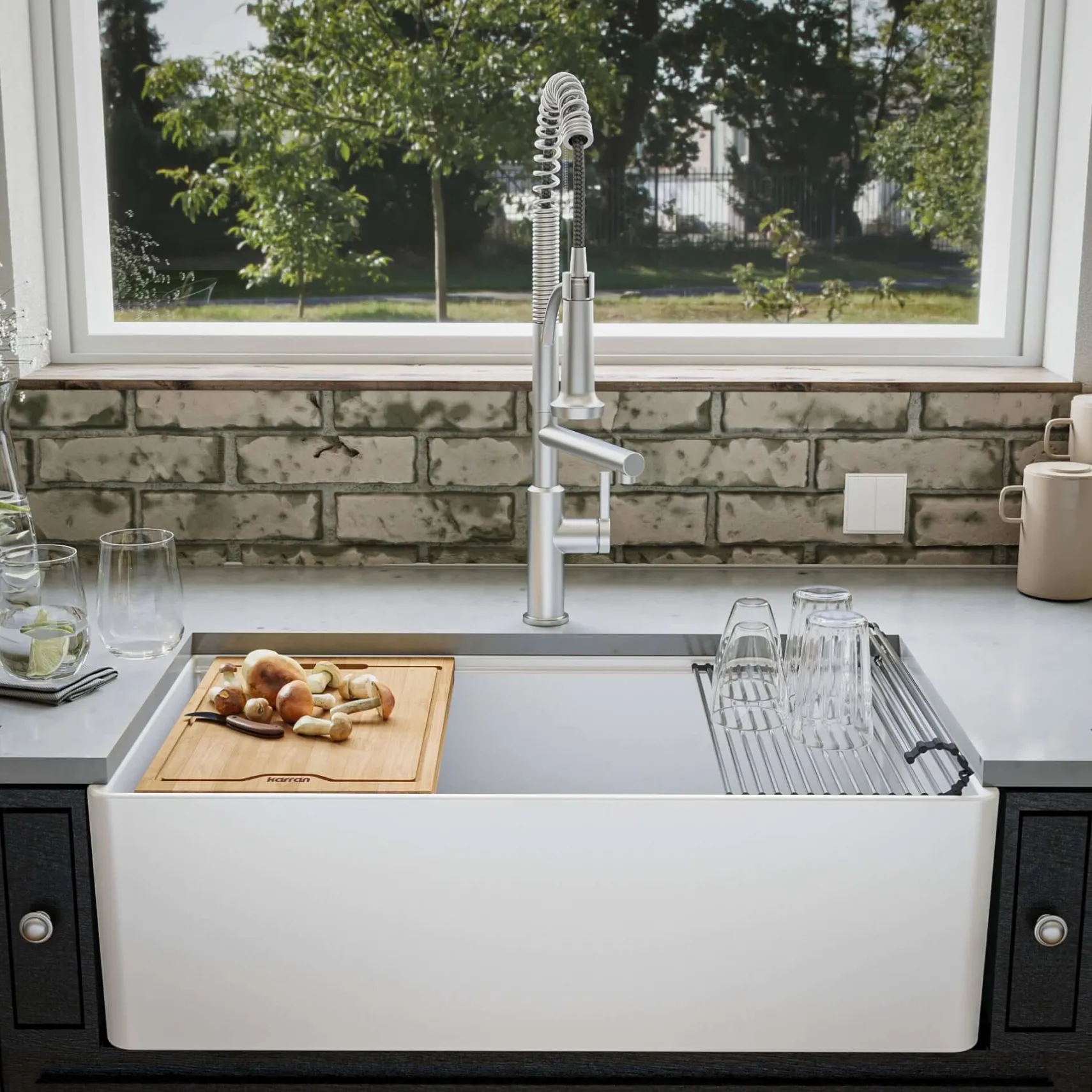 Karran Fireclay 33" Fireclay Workstation Farmhouse Sink with Accessories, White, FCWSF33SBWH-PK1