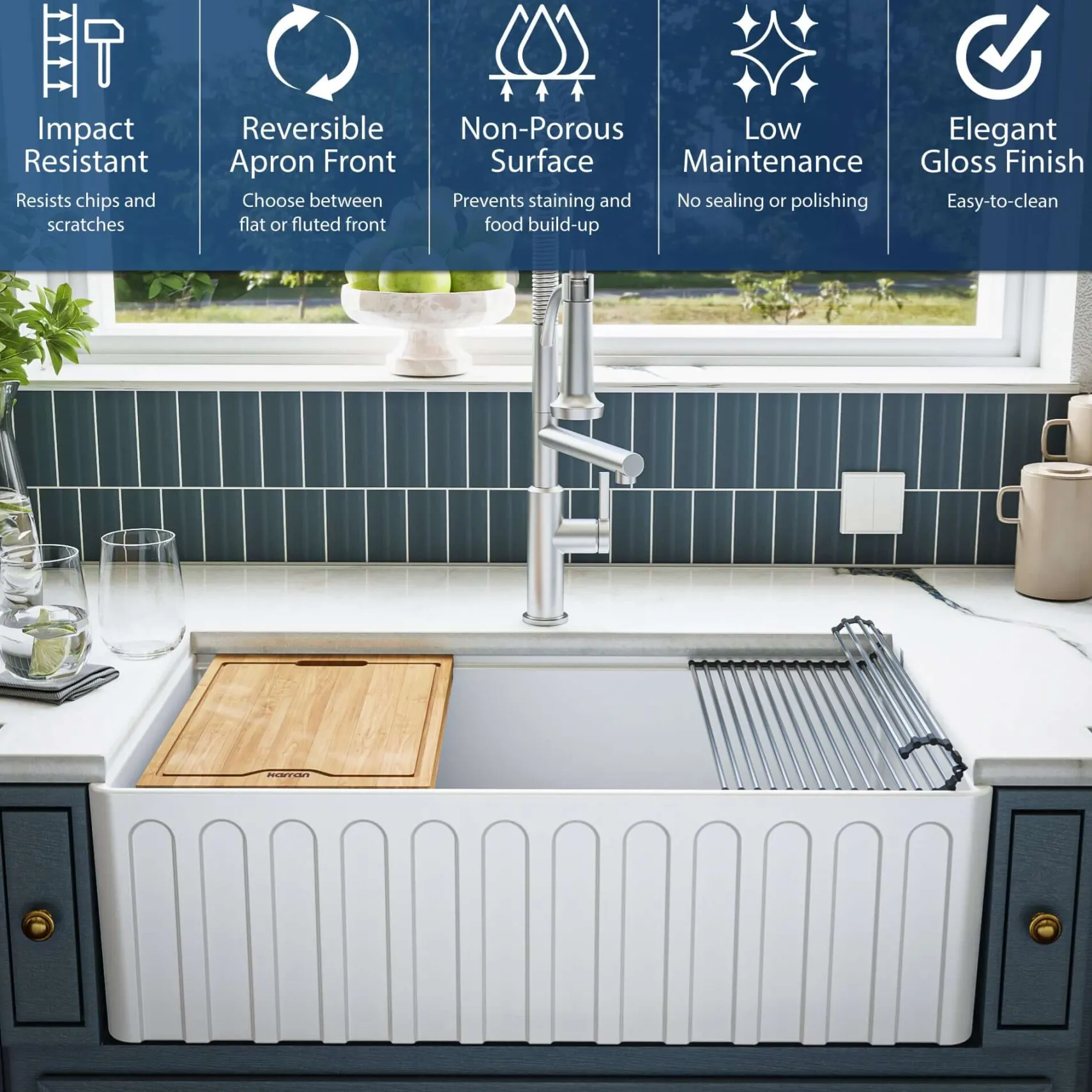 Karran Fireclay 33" Fireclay Workstation Farmhouse Sink with Accessories, White, FCWSF33SBWH-PK1
