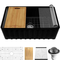 Karran Fireclay 30" Fireclay Workstation Farmhouse Sink with Accessories, Matte Black, FCWSF30SBMB-PK1