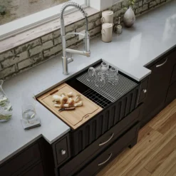 Karran Fireclay 30" Fireclay Workstation Farmhouse Sink with Accessories, Matte Black, FCWSF30SBMB-PK1