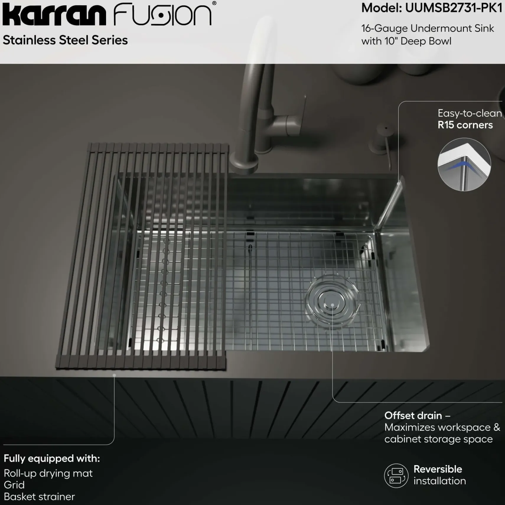 Karran Fusion 27" Undermount Stainless Steel ADA Kitchen Sink with Accessories, 16 Gauge, UUMSB2731-PK1