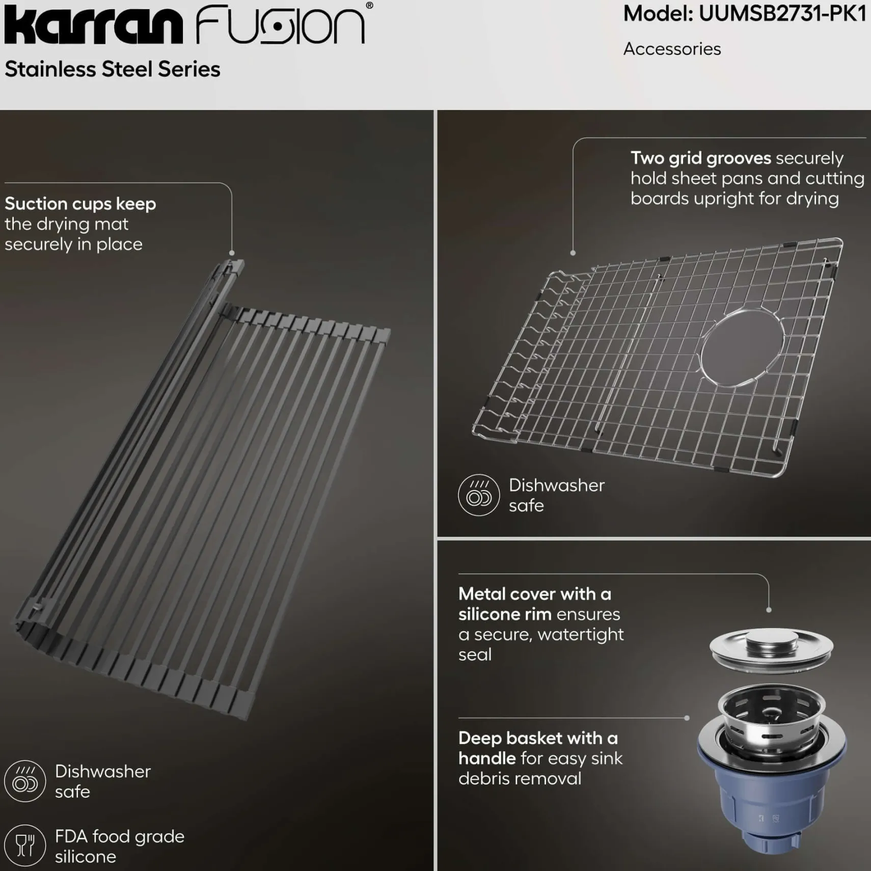 Karran Fusion 27" Undermount Stainless Steel ADA Kitchen Sink with Accessories, 16 Gauge, UUMSB2731-PK1