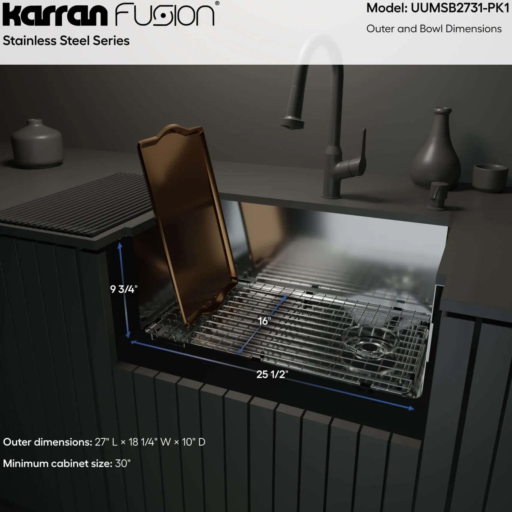 Karran Fusion 27" Undermount Stainless Steel ADA Kitchen Sink with Accessories, 16 Gauge, UUMSB2731-PK1