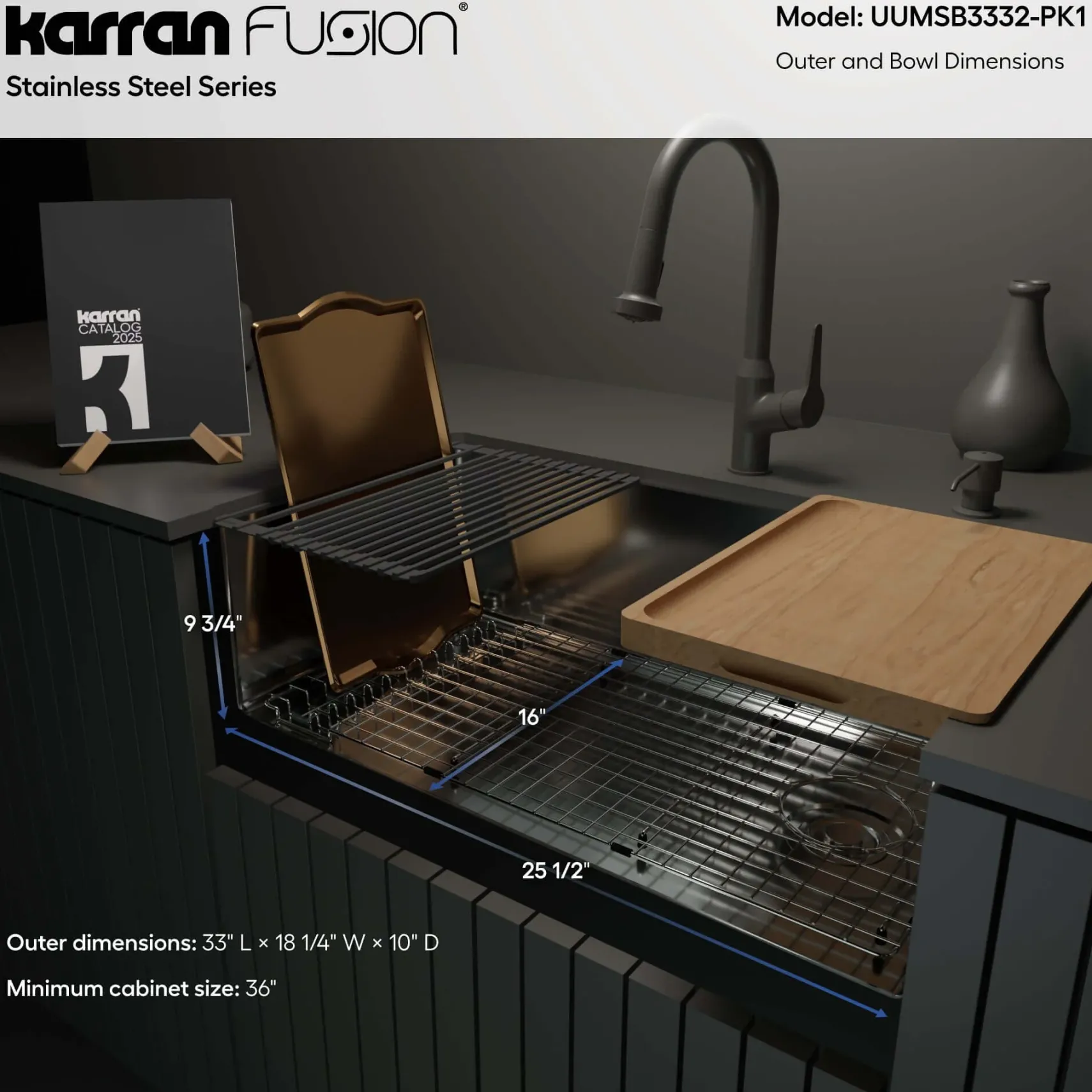 Karran Fusion 33" Undermount Stainless Steel Workstation Kitchen Sink with Accessories, 16 Gauge, UUMSB3332-PK1