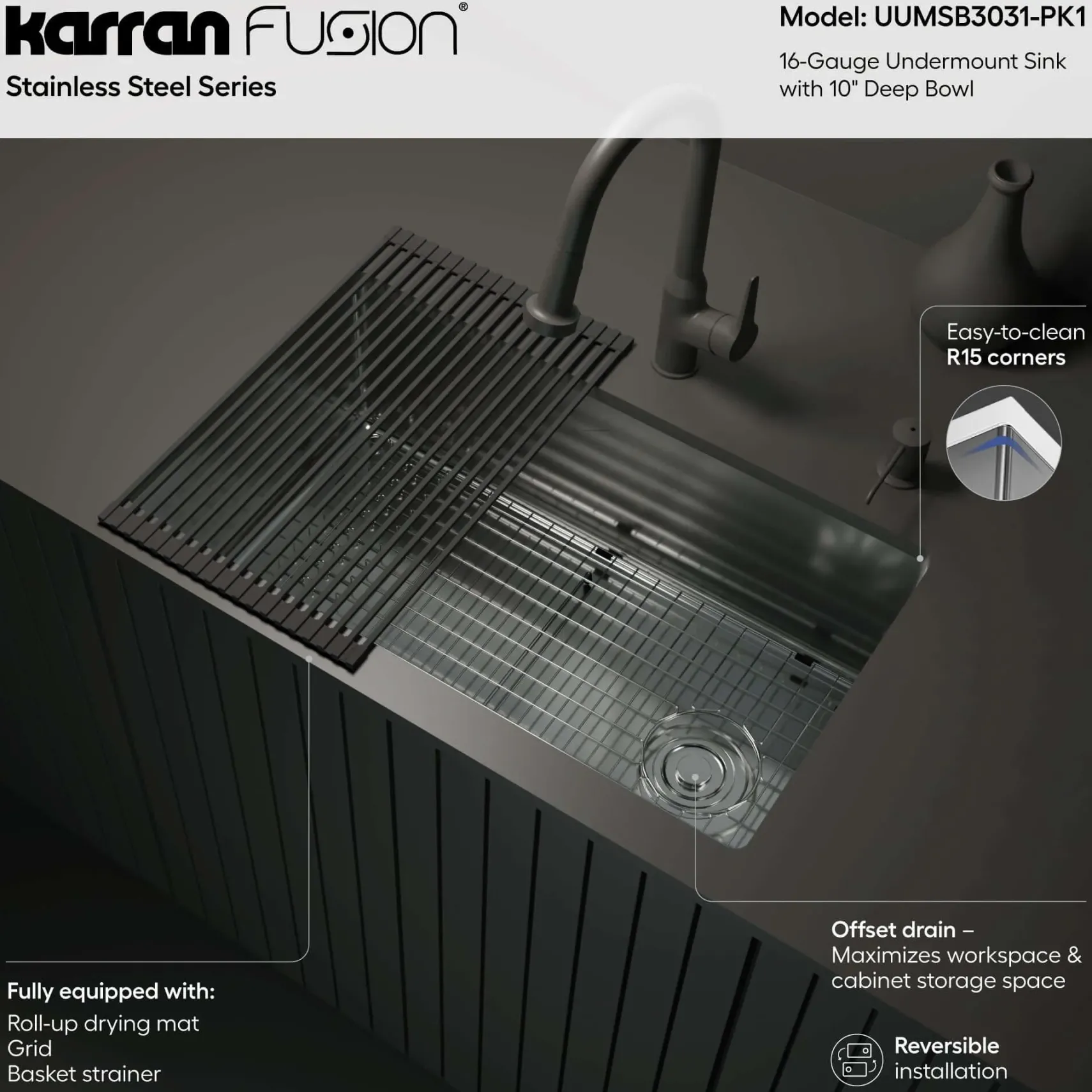 Karran Fusion 30" Undermount Stainless Steel ADA Kitchen Sink with Accessories, 16 Gauge, UUMSB3031-PK1