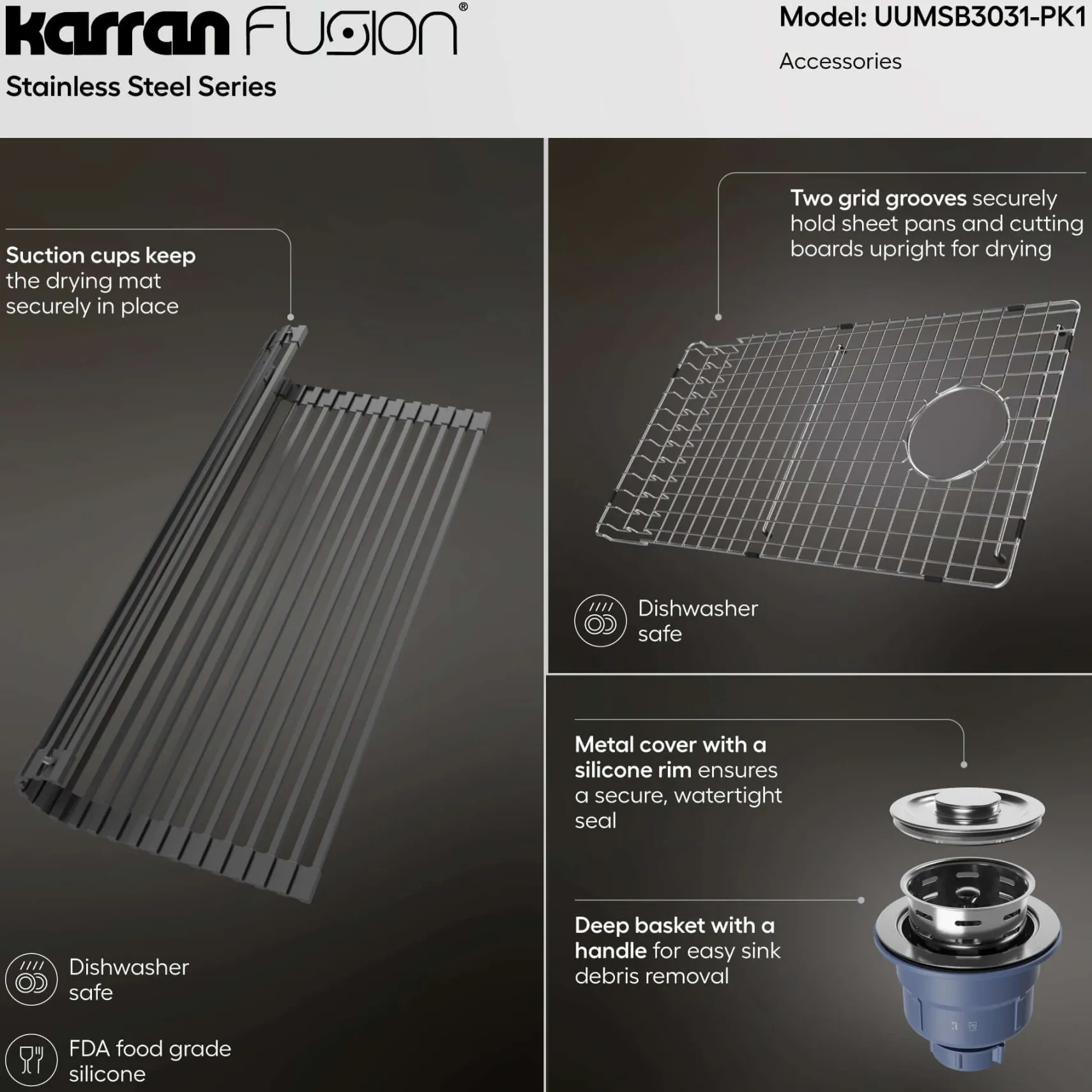Karran Fusion 30" Undermount Stainless Steel ADA Kitchen Sink with Accessories, 16 Gauge, UUMSB3031-PK1