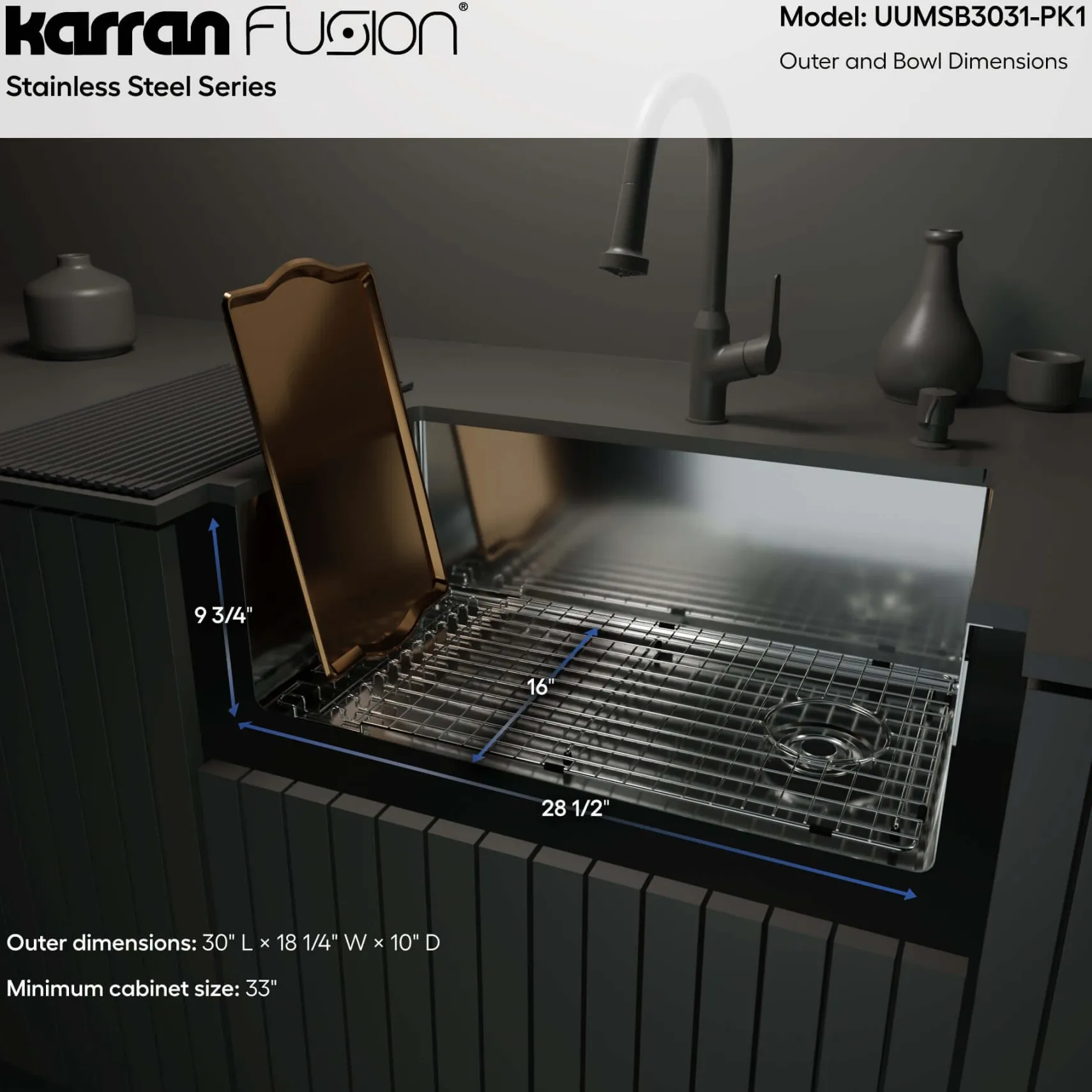 Karran Fusion 30" Undermount Stainless Steel ADA Kitchen Sink with Accessories, 16 Gauge, UUMSB3031-PK1